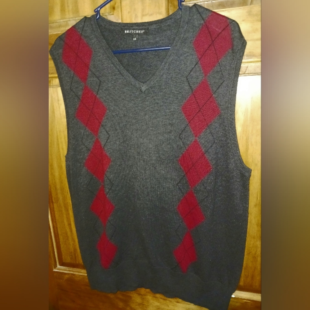 Britches Men's Vintage Cotton Sweater Vest Large Gray with Red Argyle Designs